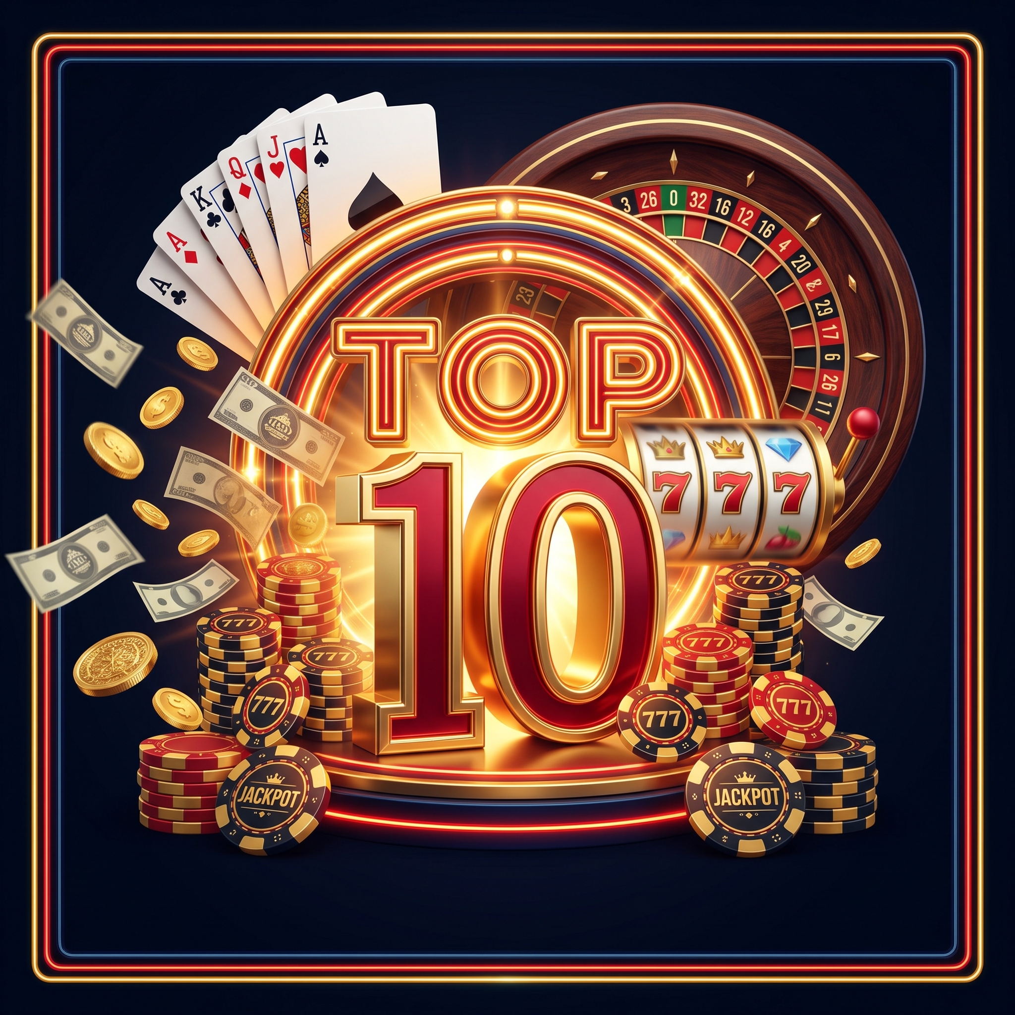 Casino chips, cards and a roulette wheel around a graphic.